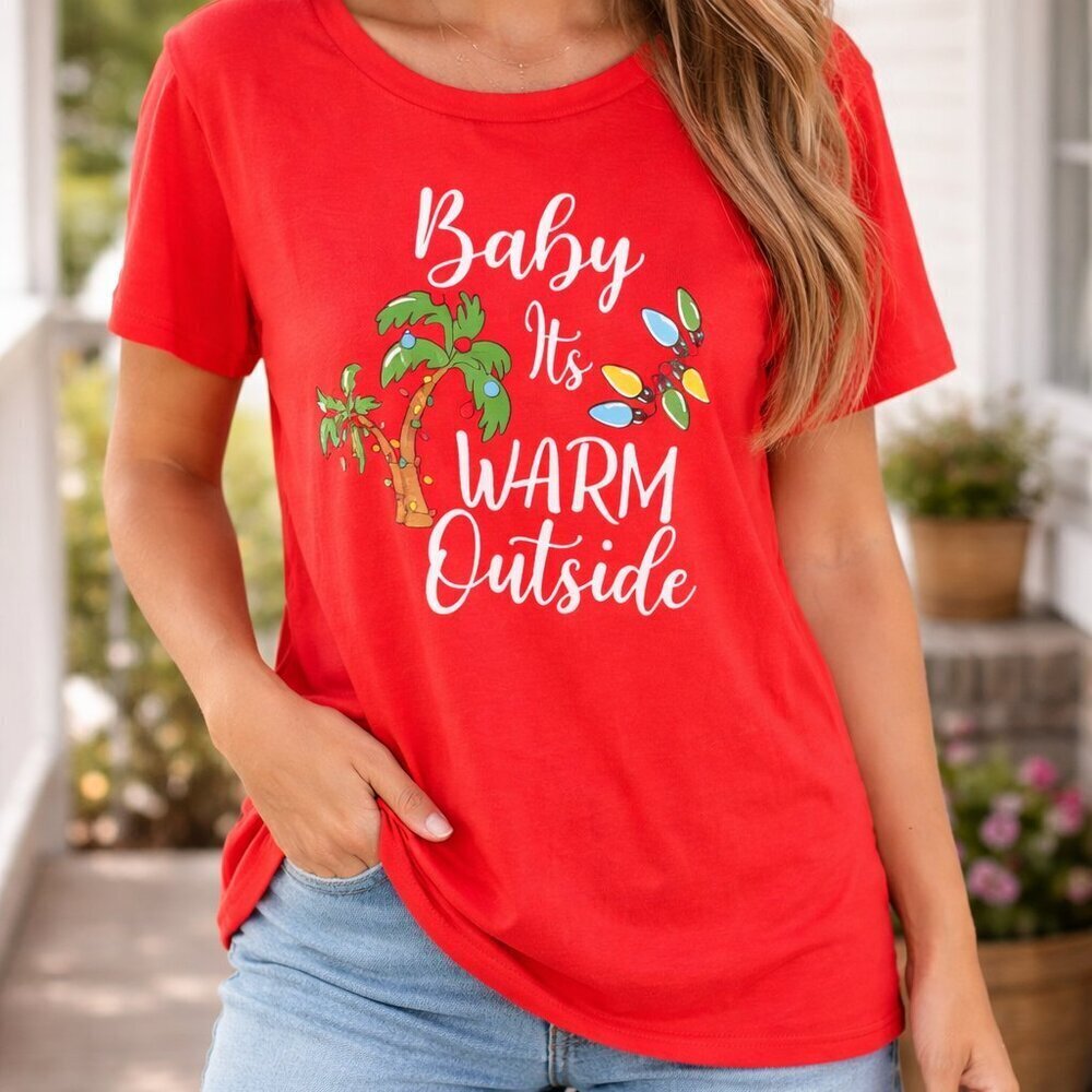 Baby It’s Warm Outside Christmas Palm Tree Tee Size 2X Red Holiday T-Shirt